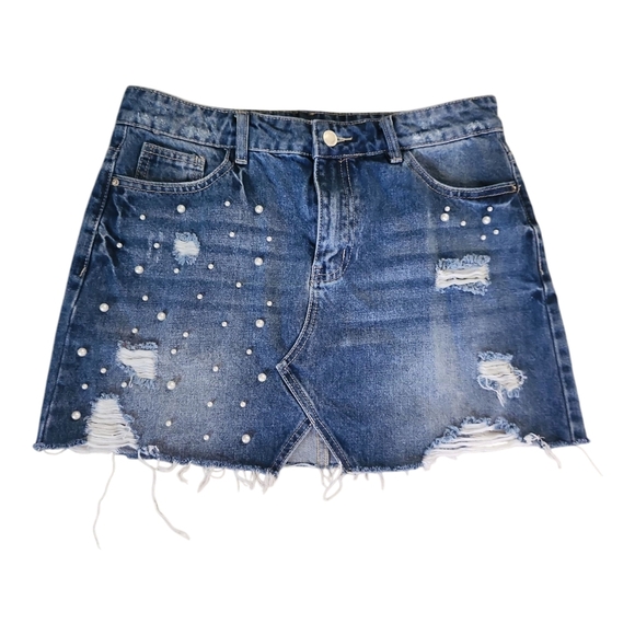Angel Kiss Distressed Pearl Denim Mini Skirt – Size Medium - Picture 1 of 6